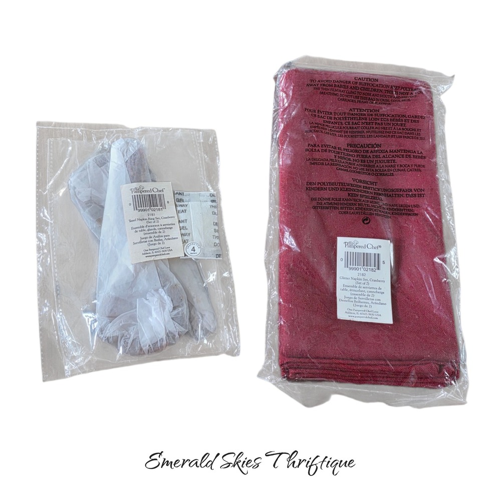 Pampered chef cranberry napkins and tassel napkin rings 2 packs nip free ship
